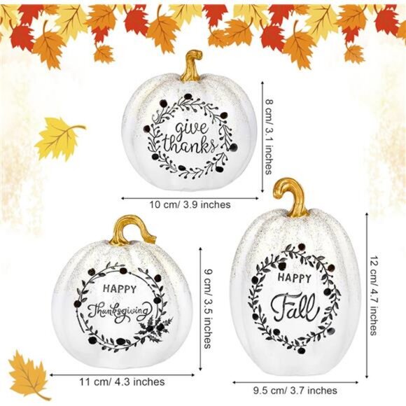 3 Pack Happy Fall White Pumpkin Light Tabletop Decor Set Pumpkin Resin with LED - Picture 2 of 7